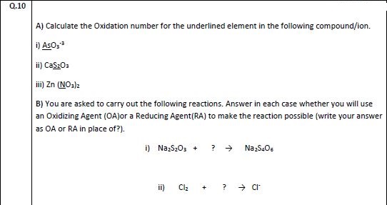 Answered A Calculate The Oxidation Number For Bartleby