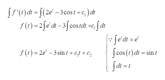 r)dt=[(2 -3cost+c)d&
f)2je'd-3[costdt +c,fat
fe'dt=e
f (t) 2e -3 sint + c,t + c2
cos (t)dt sin t
dt = t
