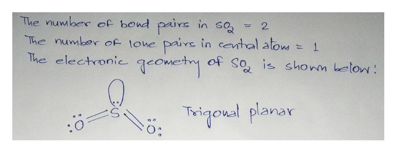 The number of bond paivs in so
2.
paire in cental atow
The number of lone
The electronic eometm
of So, is shonn below
Triqoual planar
