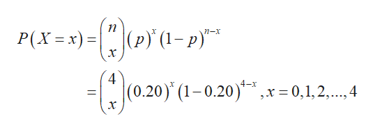 P(Xx)=|(P) (-p)"
n
n-x
x
4
=|(0,20) (1-0.20)x = 0,1,2,..., 4

