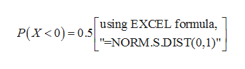 using EXCEL formula
=NORM.S.DIST(0,1)"
P(X<o) 0.5
