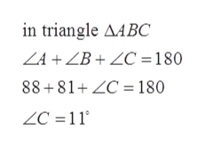in triangle A4BC
ZA ZB+ZC= 180
88+81+ZC 180
ZC 11
