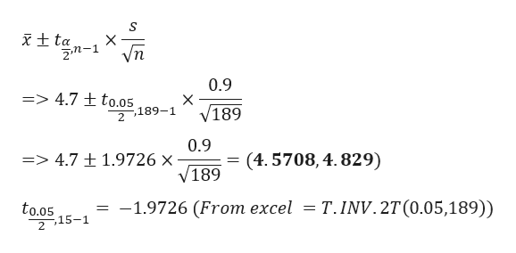 ta
2.m-1
0.9
X
V189
=> 4.7 ± to.05
-,189-1
2
0.9
(4. 5708, 4.829)
=> 4.7 1.9726 x
V189
= -1.9726 (From excel
= T. INV. 2T(0.05,189))
to.05
2 15-1
X
