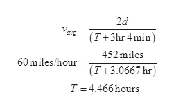 2d
Vang
(T+3hr 4 min)
452 miles
60 miles hour
(T+3.0667 hr)
T = 4.466 hours
