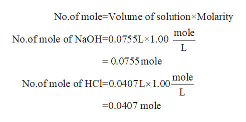No.of mole-Volume of solution Molarity
mole
No.of mole of N2OH=0.0755L*1.00
L
=0.0755mole
mole
No.of mole of HCl 0.0407L* 1.00-
L
0.0407 mole
