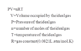 PV nRT
v-Volume occupied by theidealgas
PPressure of the ideal gas
n
number of moles of theideal gas
T-temperature of theideal gas
R-gas constant(0.0821L.atm/mol.K)
