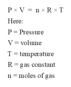 P x V
n x RxT
Here:
P Pressure
V volume
T temperature
R gas constant
n moles of gas
