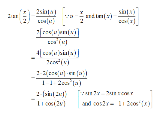 sin(x)
and tan(x)=
2 sin(u)
-
2tan
cos (u)
cos (x)
2[cos(u1)sin(1)]
cos (u)
4 cos (и)sin(u)|
2cos (u)
2-2(cos(u)- sin (u))
1-1+2cos²(u)
2.(sin ( 2u))
[: sin 2x = 2sin x cos.x
and cos 2x =-1+2cos (x)
1+ cos (2u)
