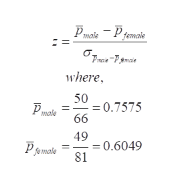Pmok - Pfemae
female
where,
50
Pmate = =0.7575
66
49
= 0.6049
81
Pjemole
