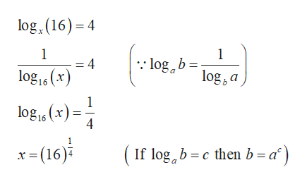 log, (16) 4
1
1
log b
log,a
-4
log16 (x)
1
log16(x)
4
x (16)
If log bc then b= a'
