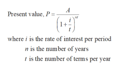 Present value, P =
nt
1+
where i is the rate of interest per period
n is the number of years
t is the number of terms per year
