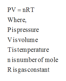 PV = nRT
Where,
Pispressure
Visvolume
Tistemperature
n isnumber of mole
Risgas constant
