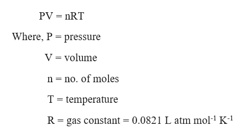 PV nRT
Where, P pressure
V volume
n =no. of moles
T temperature
0.0821 L atm mol-1 K-1
R = gas constant

