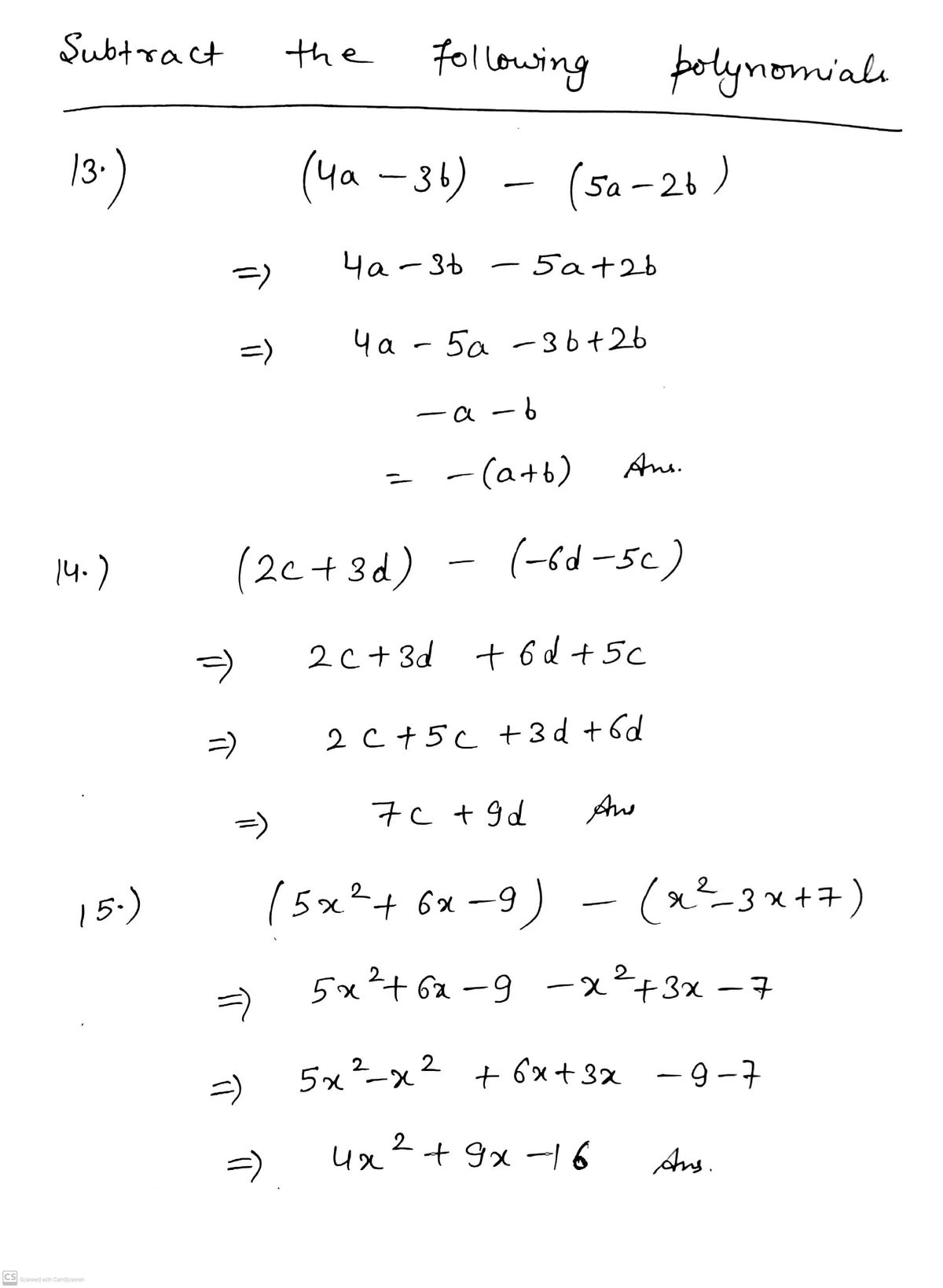 Answered: 13. (4а - 3b) - (5а — 2b) 14. (2c + 3d)…