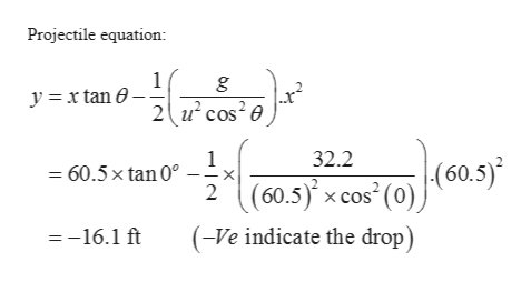 Projectile equation:
y = x tan 0 –
2 u cos?e
32.2
|(60.5)*
xcos (0) 60.
= 60.5 x tan 0°
(60.5) x cos (0),
(-Ve indicate the drop)
=-16.1 ft
