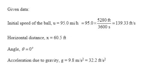 Given data:
5280 ft
Initial speed of the ball, u = 95.0 mi/h =95.0×-
3600 s
-=139.33 ft/s
Horizontal distance, x = 60.5 ft
Angle, e =0°
Acceleration due to gravity, g = 9.8 m/s² = 32.2 ft/s²
