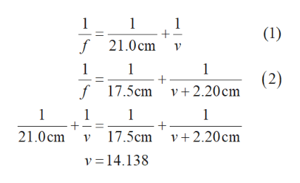 1
1
1
(1)
f 21.0cm
1
1
- +
v+2.20cm
1
(2)
f 17.5cm
1
1
v17.5cm
21.0cm
v2.20cm
v=14.138
