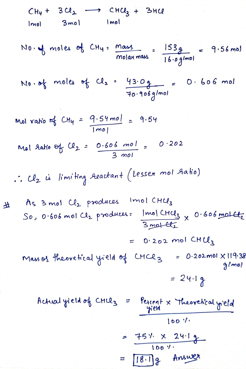 Answered CH4 3Cl2 CHCl3 3HCl When 153 g of bartleby