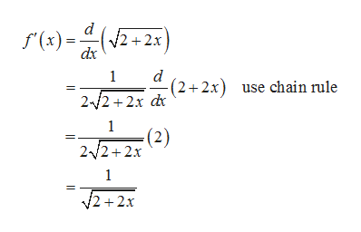 d
f(x) 2+2x
dx
d
(2 2x use chain rule
1
2 2 2x d
1
(2)
2 2+2x
1
2+2x
