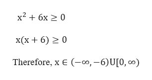 x2 6x 0
x(x6) 20
Therefore, x E (o,-6)U[0, co)
