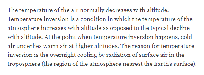 The temperature of the air normally decreases with altitude.
Temperature inversion is a condition in which the temperature of the
atmosphere increases with altitude as opposed to the typical decline
with altitude. At the point when temperature inversion happens, cold
air underlies warm air at higher altitudes. The reason for temperature
inversion is the overnight cooling by radiation of surface air in the
troposphere (the region of the atmosphere nearest the Earth's surface).
