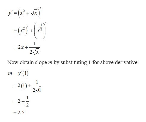 y'(x +
1
=2x
2Vx
Now obtain slope m by substituting 1 for above derivative
m y (1)
1
- 2(1)
+
1
= 2 +
2
-2.5
