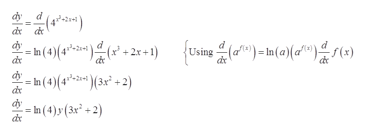 dy
(4*-2-+1)
de
dx
dy
(a) In(a)(a®)(x)
= In (4)(4*= ) (x² + 2xr +1)
Using
dx
dx
de
de
dy
- In (4)(4** )(3x² +2)
²+2x+1
dx
dy
= In (4) r (3x² + 2)
dx

