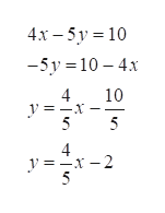 4x 5y 10
-5y 10-4x
4 10
y = _x
5 5
4
y = -x -2
