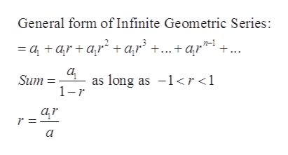 General form of Infinite Geometric Series
= a arar +a,r° +...+ar°
а
as long as 1r<1
1-r
Sum
ar
