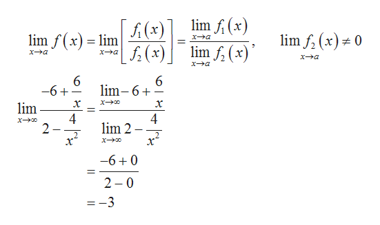 lim f(x)
A(x)
(x)
lim f(x)
lim f (x) 0
lim
xa
lim f (x)
xa
xa
xa
xa
6
lim-6
6
-6+
lim
4
2
4
lim 2
2
2
-60
1
2 0
=-3
