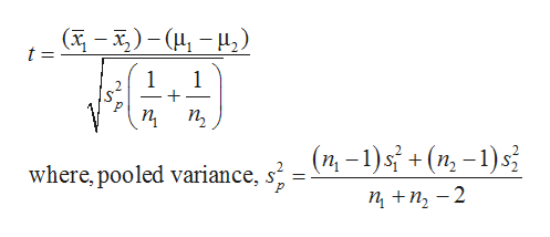 (- 'T)-(
1
1
п,
where, pooled variance, s' = ( -1)sî + (n, -1)si
п +п, —2
