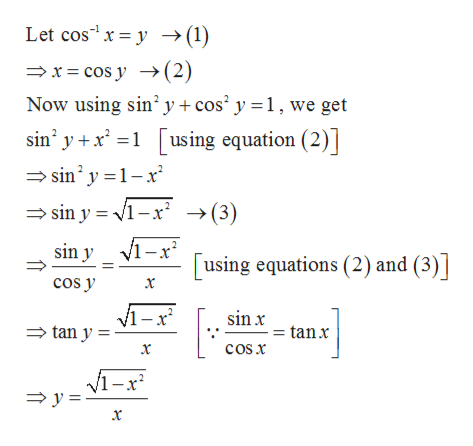 Let cos x = y →(1)
= x = cos y →(2)
Now using sin’ y + cos' y =1, we get
sin' y +x =1 [using equation (2)]
= sin' y =1- r²
= sin y = V1-x
→(3)
V1–x²
sin y
using equations (2) and (3)]
cos y
V1-x
sin x
tan x
cos x
= tan y
=
V1-x²
