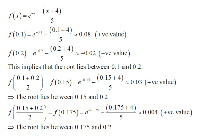 f(x)= e _(x+4)
5
f(0.1) e01-0.1 0.08 (+ve value)
5
-0.02 (-ve value
(0.2)= e02 (0.2+4)
f(0.2) 6
22
5
This implies that the root lies between 0.1 and 0.2
(0.15+4)
0.1 0.2
- s(0.15)- e
-0.15
0.03 (+ve value)
2
5
The root lies between 0.15 and 0.2
(0.175+4)0.004 (+ve value)
0.15 0.
=f(0.175)
-0.175
= e
22
2
5
The root lies between 0.175 and 0.2
