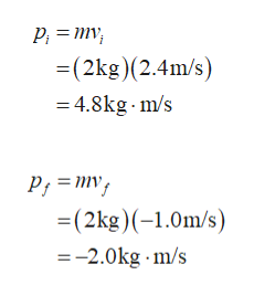 P; = mv;
=(2kg)(2.4m/s)
= 4.8kg - m/s
P; = mv;
=(2kg)(-1.0m/s)
=-2.0kg m/s
