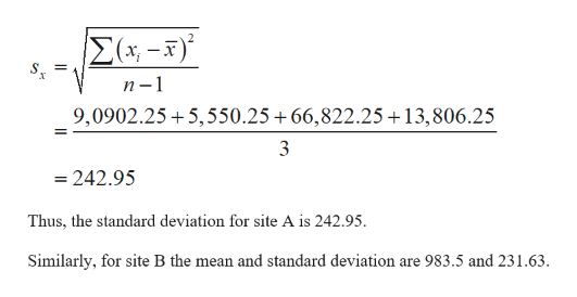 Σ-3)
п -1
9,0902.25 + 5,550.25 +66,822.25+13,806.25
3
= 242.95
Thus, the standard deviation for site A is 242.95.
Similarly, for site B the mean and standard deviation are 983.5 and 231.63.
