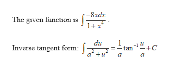.-8xdx
The given function is |
1+x
du
1
tan
Inverse tangent form:
a+u
a
a
