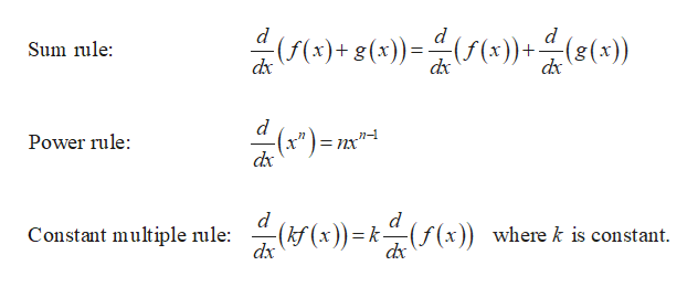()+ g(+)=d()(e())
Sum nule:
dx
n-1
Power rule:
= nx2-
d
d
(kf(x))=k(/(x)) where k is constant
dx
Constant multiple rule
dx
