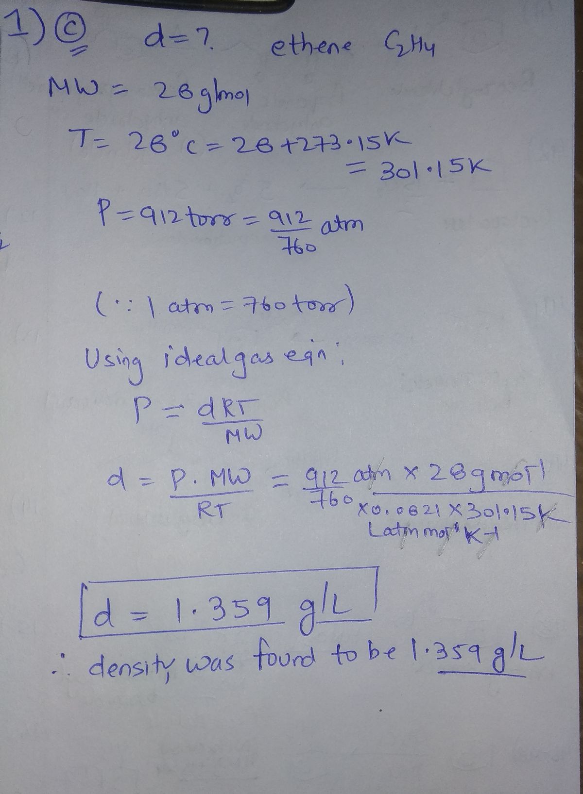 Answered what is the density in gll of ethene bartleby