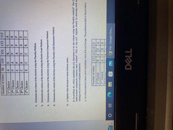 D
O
Number of voters 30 119 151
151 173 112
K
C A
P
E
K
A
P P
E
K C
1* Choice
ND
2 Choice
3rd Choice
4th Choice
5th Choice
AFEGK
P
EAPKU
1. Determine the winner of the election using the Plurality Method.
E
с с
2. Determine the winner of the election using the Borda Count Method.
3. Determine the winner of the election using the Pairwise Comparison Method.
4. Determine the winner of the election using the Plurality with Elimination Method.
5. a. Explain what the head-to-head criterion states.
Number of voters
1* Choice
2NP Choice
REAL.
b. In problem #1, which candidate did you determine to be the winner using the Plurality method? Has t
head-to-head comparison criterion been violated? Why or why not? Explain clearly by showing work an
stating your answer in complete sentences.
c. In a school election, there were 3 candidates: Alice, Bob and George. The preference table is shown below.
M @
NMIC
23 15 16 5
ACA
A CB B
✓ O
O File - Google Chro...
DELL