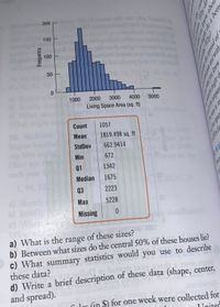 clog bla
200
Jimail
150
pilsinga u
hoolatasyiaal
booubonq bas of sano
18.73,7
100
50
1000
2000
3000
4000
5000
Living Space Area (sq. ft)
02
Count
1057
38.
league ba
eigi
Mean
1819.498 sq. ft
StdDev
662.9414
ing hin
Here are t
each year I
Min
672
Q1
1342
Median
1675
3.49, 32
Q3
2223
a) Sketch
b) brie
Max
5228
Missing
is distrbe
8801
a) What is the range of these sizes?
b) Between what sizes do the central 50% of these houses lie?
c) What summary statistics would you use to describe
these data?
d) Write a brief description of these data (shape, center,
and spread).
lleg ni bonog ovn
ding.the mea rould
Cales (in $) for one week were collected for
United
Frequency
tmean 1Why do
know abou
bett
Why?
pread of
in and wich
(now
might de
MONY nal nga
dhe company
re vere to rer
