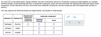 For each row in the table below, decide whether the pair of elements will form a molecular compound held together by covalent chemical bonds. If the elements will form a molecular compound, check the box and enter the chemical formula and name of the compound. (If the elements will form more than one molecular compound, use the compound with the fewest total number of atoms.)

You may assume all chemical bonds are single bonds, not double or triple bonds.

| element #1 | element #2 | element pair will form a molecular compound | molecular compound  |
|------------|------------|-------------------------------------------|---------------------|
| hydrogen   | fluorine   | ☑️                                         |                     |
|            |            |                                           |                     |
| nitrogen   | iodine     | ☐                                         |                     |
|            |            |                                           |                     |
| calcium    | oxygen     | ☐                                         |                     |
|            |            |                                           |                     |

There are two checkboxes on the right, and a delete (X) button below them.