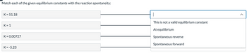 Match each of the given equilibrium constants with the reaction spontaneity:
K = 51.18
K=1
K = 0.00727
K = -5.23
|
This is not a valid equilibrium constant
At equilibrium
Spontaneous reverse
Spontaneous forward