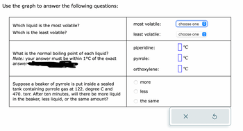 Use the graph to answer the following questions:
Which liquid is the most volatile?
Which is the least volatile?
What is the normal boiling point of each liquid?
Note: your answer must be within 1°C of the exact
answer
Suppose a beaker of pyrrole is put inside a sealed
tank containing pyrrole gas at 122. degree C and
470. torr. After ten minutes, will there be more liquid
in the beaker, less liquid, or the same amount?
most volatile:
least volatile:
piperidine:
pyrrole:
orthoxylene:
more
less
the same
choose one î
choose one
°℃
°℃
°℃
X
î
Ś