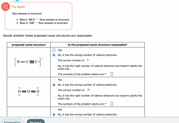 (1
Try Again
Your answer is incorrect.
• Row 1: HCC : Your answer is incorrect.
• Row 3: OH: Your answer is incorrect.
Decide whether these proposed Lewis structures are reasonable.
proposed Lewis structure
H-C=C:]
:O:
0 0 0
Explanation
Recheck
Is the proposed Lewis structure reasonable?
Yes.
No, it has the wrong number of valence electrons.
The correct number is: 9
No, it has the right number of valence electrons but doesn't satisfy the
octet rule.
The symbols of the problem atoms are:* 0
Yes.
No, it has the wrong number of valence electrons.
The correct number is: 18
No, it has the right number of valence electrons but doesn't satisfy the
octet rule.
The symbols of the problem atoms are:* 0
Yes.
No, it has the wrong number of valence electrons.