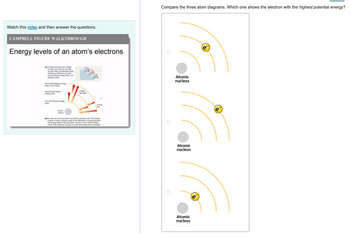 Watch this video and then answer the questions.
CAMPBELL FIGURE WALKTHROUGH
Energy levels of an atom's electrons
(a) A ball bouncing down a figh
of stairs can come to rest only
on each step, not between steps
Similarly an electron can exist
between levels
Third shell highest energy-
Second shell higher
energy leve
Energy
absorbed
Energy
lost
Atomic
nucleus
An electron can move from one shell to another only if the energy
it gains or loses is exactly equal to the difference in energy between
the energy levels of the two shells. Anows in this model indicate
some of the stepwise changes in potential energy that are possible
Compare the three atom diagrams. Which one shows the electron with the highest potential energy?
Atomic
nucleus
Atomic
nucleus
Atomic
nucleus