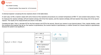 Try Again
Your answer is wrong.
• Second reaction: Your answer for A Sis incorrect.
A chemical engineer is studying the two reactions shown in the table below.
In each case, he fills a reaction vessel with some mixture of the reactants and products at a constant temperature of 88.0 °C and constant total pressure. Then,
he measures the reaction enthalpy AH and reaction entropy AS of the first reaction, and the reaction enthalpy AH and reaction free energy AG of the second
reaction. The results of his measurements are shown in the table.
Complete the table. That is, calculate AG for the first reaction and AS for the second. (Round your answer to zero decimal places.) Then, decide whether, under
the conditions the engineer has set up, the reaction is spontaneous, the reverse reaction is spontaneous, or neither forward nor reverse reaction is spontaneous
because the system is at equilibrium.
2Fe₂O3(s) 4Fe(s) + 30₂ (g)
ΔΗ = 1648. kJ
AS = 4631.
AG =
J
K
-24 kJ
Which is spontaneous?
this reaction
the reverse reaction
neither
AH = 1353. kJ
X
Ś