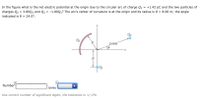 In the figure, what is the net electric potential at the origin due to the circular arc of charge \( Q_1 = +1.42 \, \text{pC} \) and the two particles of charges \( Q_2 = 3.80Q_1 \) and \( Q_3 = -1.80Q_1 \)? The arc's center of curvature is at the origin, and its radius is \( R = 8.00 \, \text{m} \); the angle indicated is \( \theta = 24.0^\circ \).

### Diagram Explanation:
- **Circular Arc:** This is represented by a pink semicircular line on the left side of the origin. It carries charge \( Q_1 \) and is centered at the origin with radius \( R \).
- **Point Charge \( Q_2 \):** Located at an angle \( \theta = 24.0^\circ \) from the positive x-axis, the charge \( Q_2 = 3.80Q_1 \) is placed at a distance of \( 2.00R \) from the origin.
- **Point Charge \( Q_3 \):** Situated on the negative y-axis at a distance \( R \) from the origin, it has a charge of \( Q_3 = -1.80Q_1 \).
   
### Number Entry:
- Students are asked to calculate and enter the net electric potential at the origin, considering the given parameters. The tolerance for the result is ±2%.

*Use the correct number of significant digits when entering the answer.*