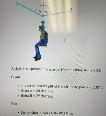 ### Suspension Mechanics: Resolving Forces in Two Cables

#### Example Problem: Chair Suspended by Cables

**Problem Description:**

A chair is suspended from two different cables, labeled AC and CB, converging at point C. 

##### Given:
- The combined weight of the chair and person is 187 lb
- Angle \( \theta_A = 28 \) degrees
- Angle \( \theta_B = 39 \) degrees

**Objective:**
- Find the tension in cable CB.

###### Diagram Explanation:
The diagram depicts a man sitting on a chair, which is secured in place by two cables (AC and CB) meeting at point C. Cable AC forms an angle of \( \theta_A \) (28 degrees) with the vertical line through the midpoint of the chair, while cable CB forms an angle of \( \theta_B \) (39 degrees).

By analyzing this diagram, students can learn about resolving forces in equilibrium and using trigonometric relationships to determine tensions in the cables. The solution involves applying principles from static equilibrium and vector decomposition. 

*To solve for the tension in cable CB, we need to use the sum of forces in both the x and y directions and apply trigonometric identities.*