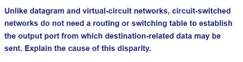 Unlike datagram and virtual-circuit networks, circuit-switched
networks do not need a routing or switching table to establish
the output port from which destination-related data may be
sent. Explain the cause of this disparity.