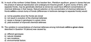 18. In much of the northern United States, the bracken fern, Pteridium aquilinum, grows in clones that are
the product of asexual reproduction and underground rhizome growth. A given clump of ferns, with
separate fronds, may be genetically identical (a clone) but could have different concentrations of
chemical defenses in their leaves. Natural selection on the concentration of chemical defenses in
fronds within a clonal clump of fronds (differences in herbivore damage to separate fronds) would:
a) not be possible since the fronds are clonal
b) not result in evolution of the chemical defenses
c) cause a change in genotypes in a given clone
d) yield evolution of improved chemical defenses
19. The variation in concentrations of chemical defenses among individuals within a given clone
described in Question 18 (above) was caused by:
a) different genotypes
b) natural mistakes
c) rare mutations
d) environmental factors